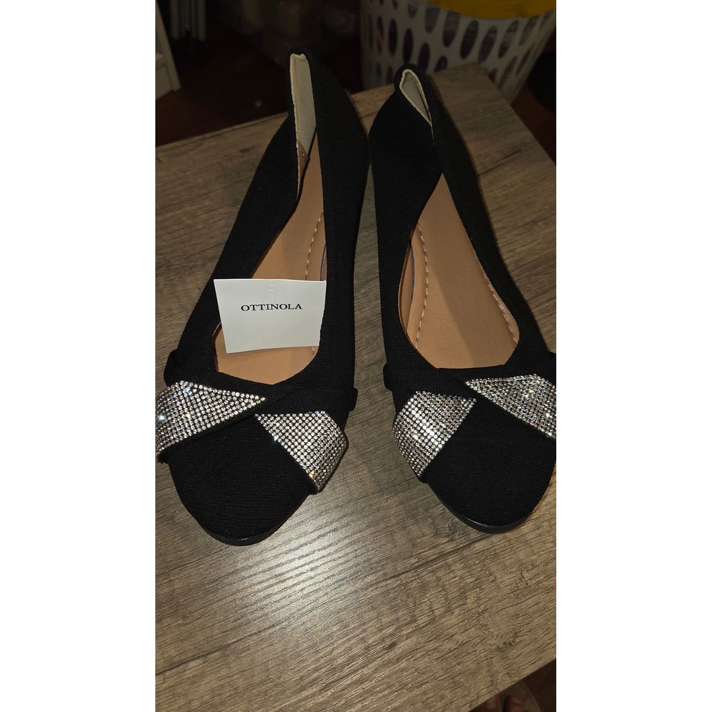 Ottinola Black Knit Rhinestone Bow Wedge Flats Size 38 Pointed Toe Shoes
